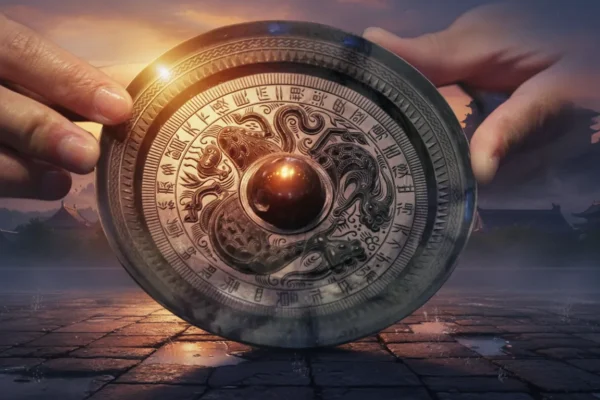 Duas mãos seguram cuidadosamente um intrincado espelho de bronze antigo, gravado com criaturas míticas e caracteres chineses. Uma luz dourada quente brilha em seu centro, iluminando um pátio de pedra úmida e templos chineses tradicionais envoltos em névoa sob um céu de pôr do sol em tons de roxo e laranja.