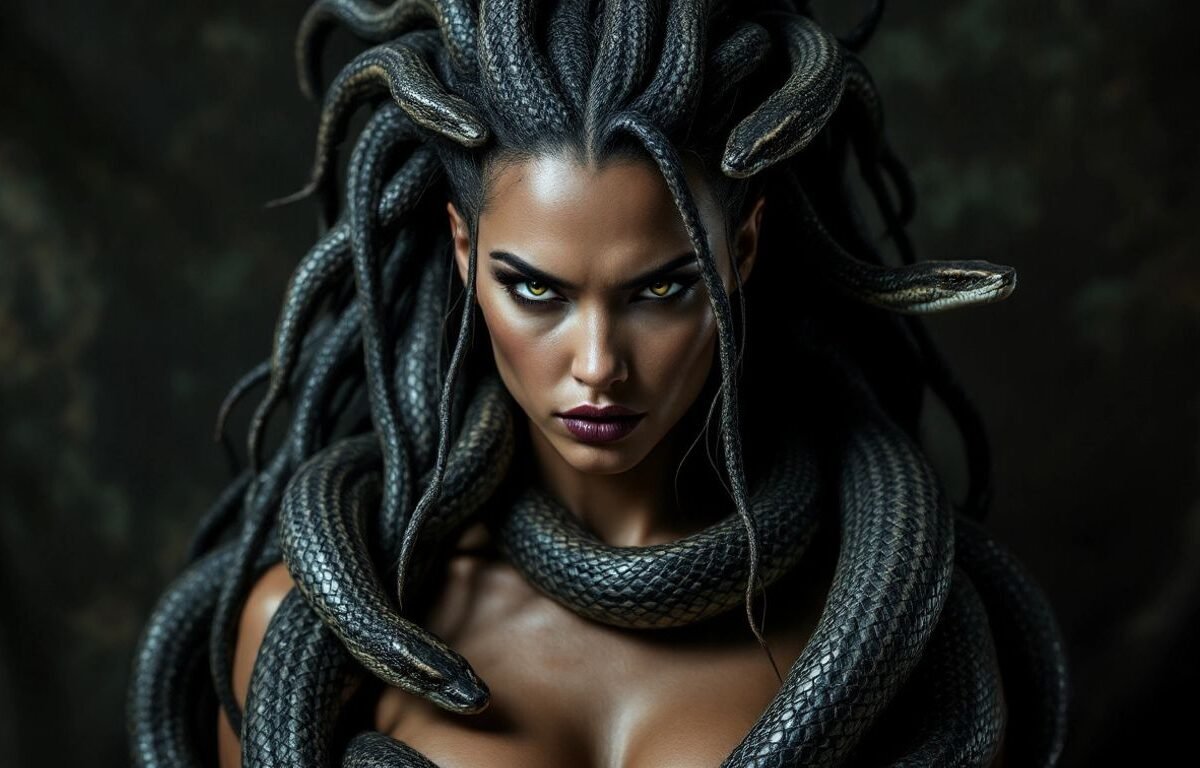 Medusa com cabelo de serpentes e expressão forte.