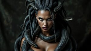 Medusa com cabelo de serpentes e expressão forte.