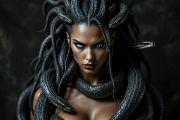 Medusa com cabelo de serpentes e expressão forte.