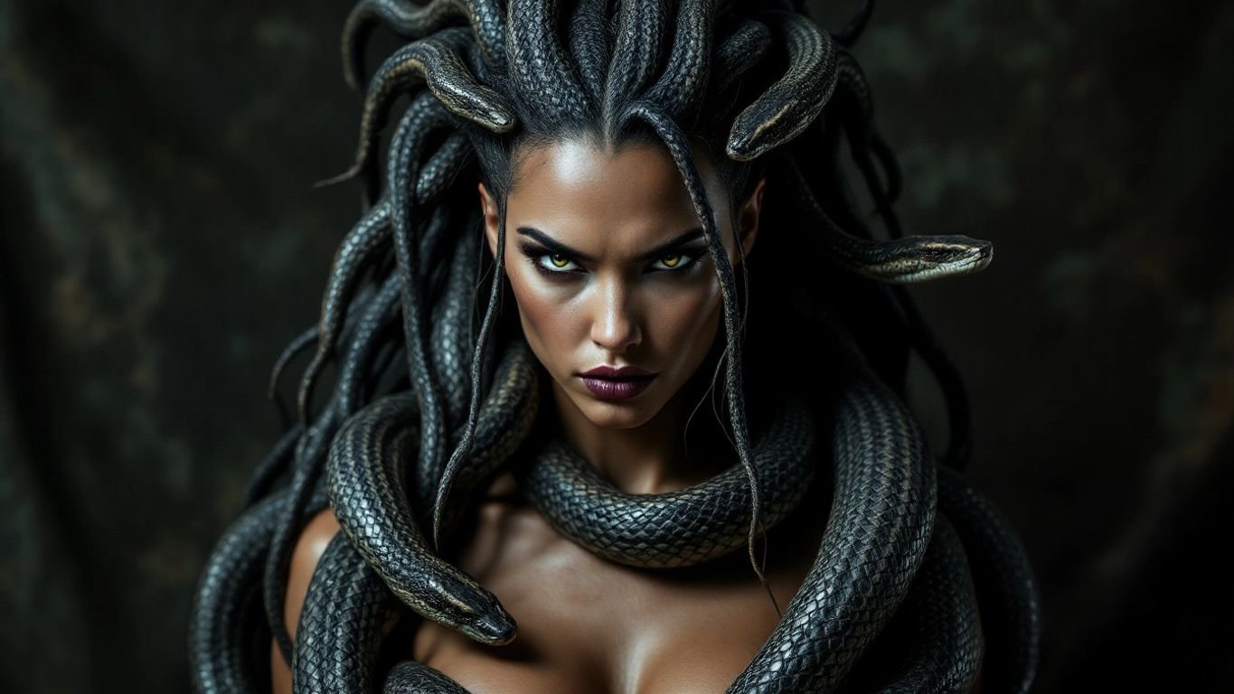 Medusa com cabelo de serpentes e expressão forte.