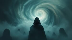 Premonição: Figura misteriosa em névoa, evocando premonições.