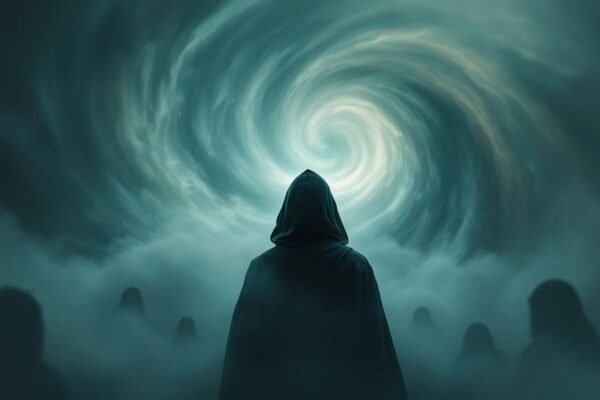 Premonição: Figura misteriosa em névoa, evocando premonições.