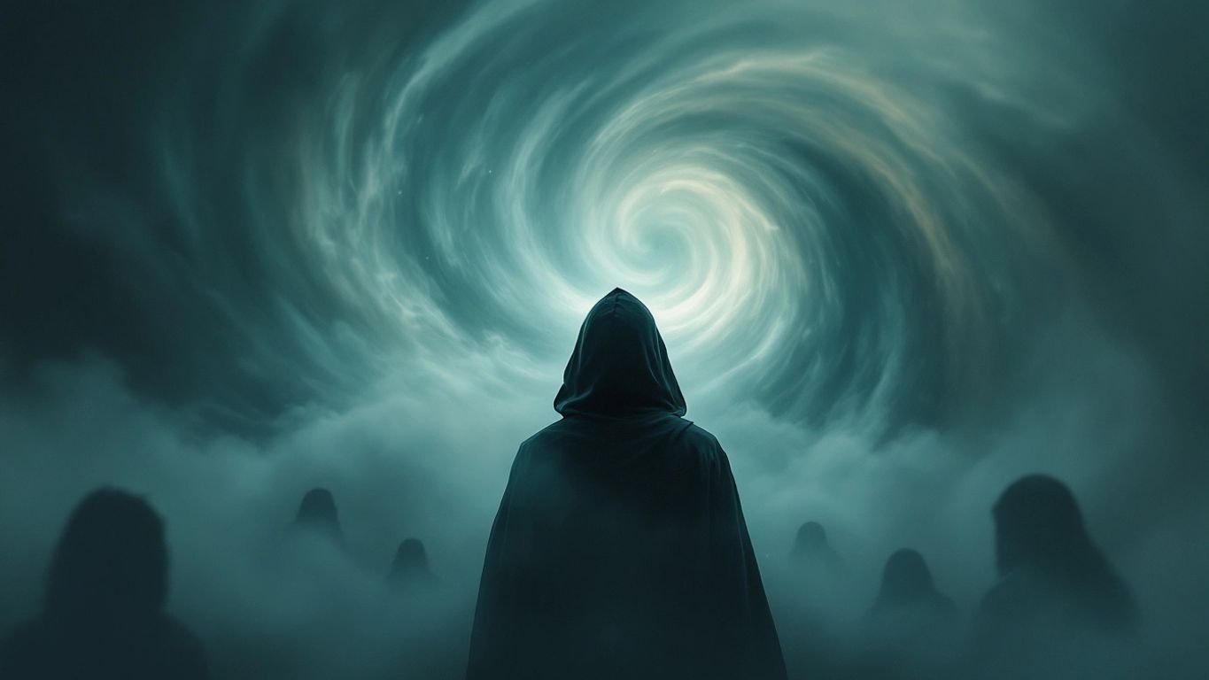 Premonição: Figura misteriosa em névoa, evocando premonições.