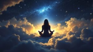 Projeção Astral: Pessoa meditando sob um céu estrelado.