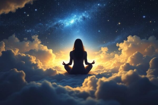 Projeção Astral: Pessoa meditando sob um céu estrelado.
