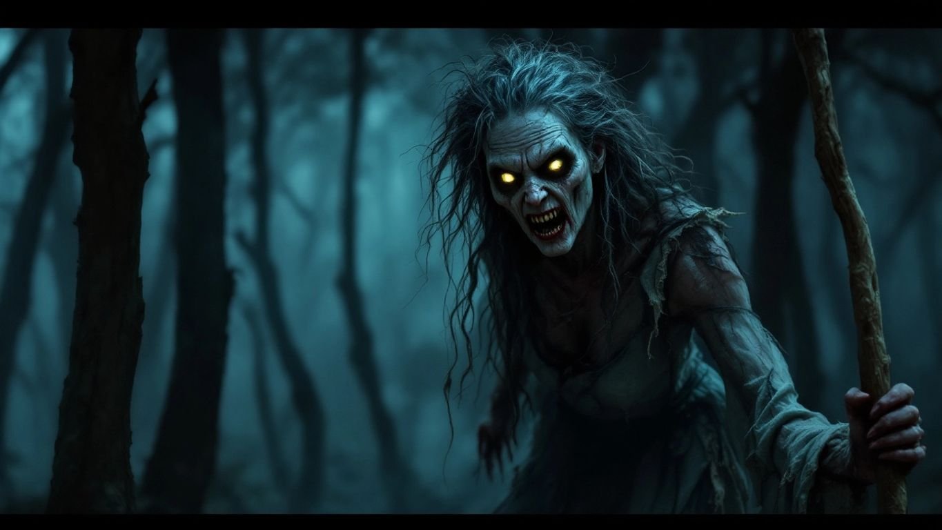 Uma velha assustadora em uma floresta sombria.