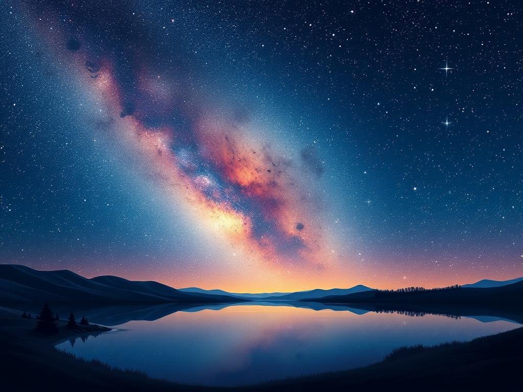 A breathtaking panorama of the Milky Way galaxy, stretching majestically across a velvety night sky. Billions of glittering stars form a luminous river of light, swirling and cascading through the cosmos. In the foreground, a serene landscape of rolling hills or a tranquil lake reflects the celestial display, creating a mirrored effect that blurs the boundaries between heaven and earth. The scene is bathed in a soft, ethereal glow, conveying a sense of wonder and the vastness of the universe we call home. Subtle details like distant nebulae, glowing star clusters, and the silhouettes of distant mountains or trees add depth and texture to the image, inviting the viewer to get lost in the boundless expanse of the Milky Way. A breathtaking panorama of the Milky Way galaxy, stretching majestically across a velvety night sky. Billions of glittering stars form a luminous river of light, swirling and cascading through the cosmos. In the foreground, a serene landscape of rolling hills or a tranquil lake reflects the celestial display, creating a mirrored effect that blurs the boundaries between heaven and earth. The scene is bathed in a soft, ethereal glow, conveying a sense of wonder and the vastness of the universe we call home. Subtle details like distant nebulae, glowing star clusters, and the silhouettes of distant mountains or trees add depth and texture to the image, inviting the viewer to get lost in the boundless expanse of the Milky Way.