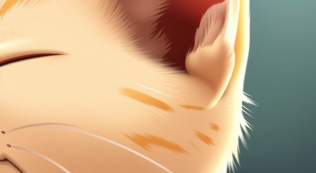 A close-up of a feline's facial features, with a focus on the ear and surrounding areas. The image should convey a sense of scientific curiosity and attention to detail. Smooth, realistic lighting emphasizes the soft, velvety texture of the cat's fur, while a shallow depth of field blurs the background, directing the viewer's gaze toward the subject. Subtle shadows and highlights accentuate the contours of the ear, showcasing the intricate musculature and anatomy. The overall tone should be informative and educational, inviting the viewer to appreciate the remarkable biology of these fascinating creatures. A temperatura corporal específica dos gatos