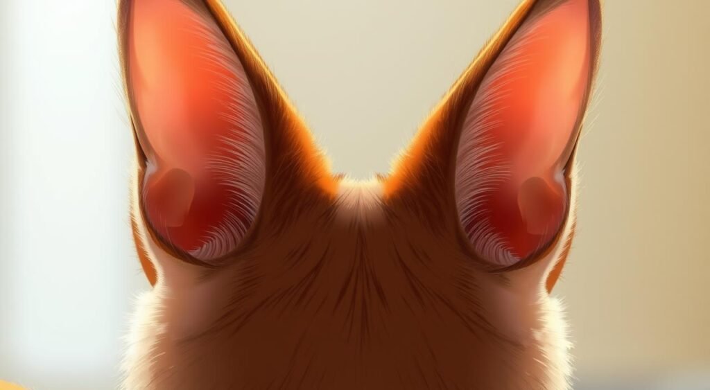 A close-up view of a cat's ears, showcasing the intricate details and musculature. The ears are prominently featured, taking up the majority of the frame, with soft, fuzzy textures and a warm, natural lighting that accentuates the delicate folds and subtle movements. The background is gently blurred, creating a sense of depth and focus on the ears. The image captures the remarkable flexibility and control that cats have over their ears, hinting at the 32 individual muscles that allow for such precise movements. Você sabia que os gatos têm cerca de 32 músculos em cada orelha?