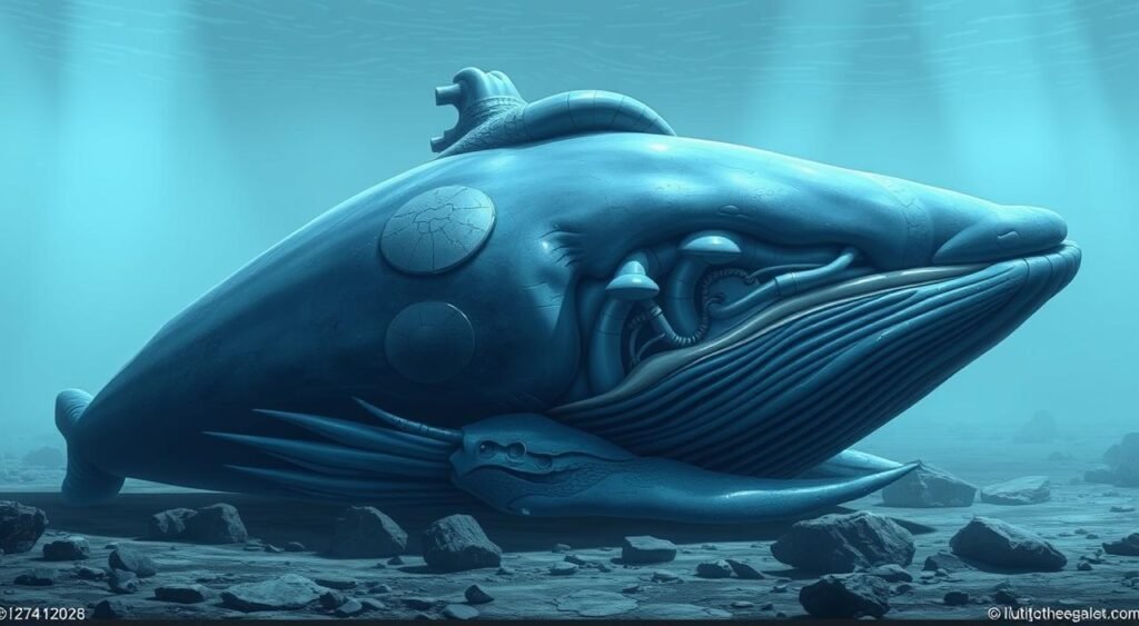 A colossal blue whale heart, the size of a small car, resting on a rocky seabed. The massive organ is depicted in hyper-realistic detail, its intricate structures and valves visible through translucent flesh. Soft, diffused lighting illuminates the heart from above, casting subtle shadows that accentuate its organic contours. The surrounding environment is hazy and muted, placing the viewer's focus solely on the sheer scale and complexity of this magnificent biological marvel. A sense of awe and wonder permeates the scene, inviting the observer to contemplate the incredible power and resilience of the blue whale, the largest creature on Earth. Você sabia que as baleias-azuis têm o coração do tamanho de um carro?