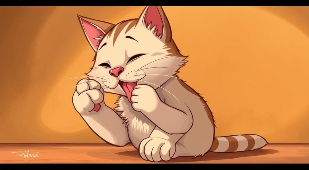 A curious cat meticulously grooms itself, its paws delicately licking its soft fur. The feline is set against a warm, earthy backdrop, bathed in soft, natural lighting that highlights the animal's elegant movements. Its focused expression and precise tongue strokes convey the fastidious grooming rituals that are essential to a cat's hygiene and self-care. The scene is composed to emphasize the cat's fascinating behaviors, capturing the precision and dedication with which it maintains its sleek appearance. A higiene felina: 8 horas diárias de limpeza