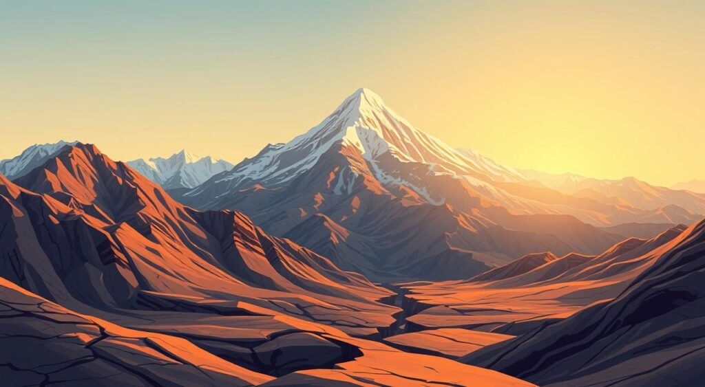A dynamic scene of tectonic plates shifting and colliding, set against a backdrop of a mountainous landscape. The foreground depicts the gradual movement of the plates, with subtle cracks and fissures in the earth's surface. The middle ground showcases the gradual uplift and deformation of the landmass, as the plates converge. In the background, a majestic mountain peak, such as the Everest, rises steadily, its growth a testament to the inexorable forces shaping the Earth's surface. The scene is illuminated by a warm, golden light, casting long shadows and highlighting the textures of the rock formations. The overall mood conveys the slow, inexorable processes that drive the growth of the world's highest peaks. A ciência por trás do crescimento