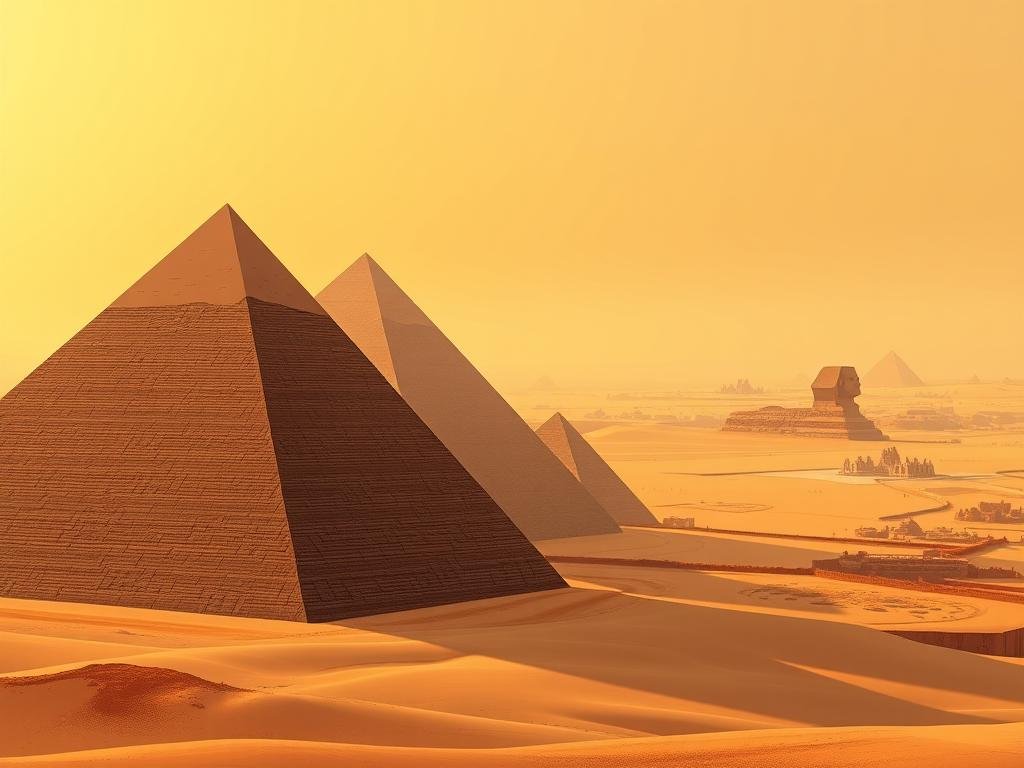 A grand, sweeping vista of the iconic pyramids of Egypt, standing tall and majestic against a warm, golden sky. In the foreground, the smooth, geometric facades of the Giza pyramids rise impressively, their sharp angles casting long shadows across the desert sands. The middle ground is dotted with smaller satellite pyramids and ancient structures, while in the distance, the iconic silhouettes of the Sphinx and other monumental ruins can be seen. Soft, directional lighting illuminates the weathered stone, creating a sense of timeless grandeur and historical significance. The overall scene conveys the awe-inspiring scale and architectural wonder of these ancient wonders of the world.