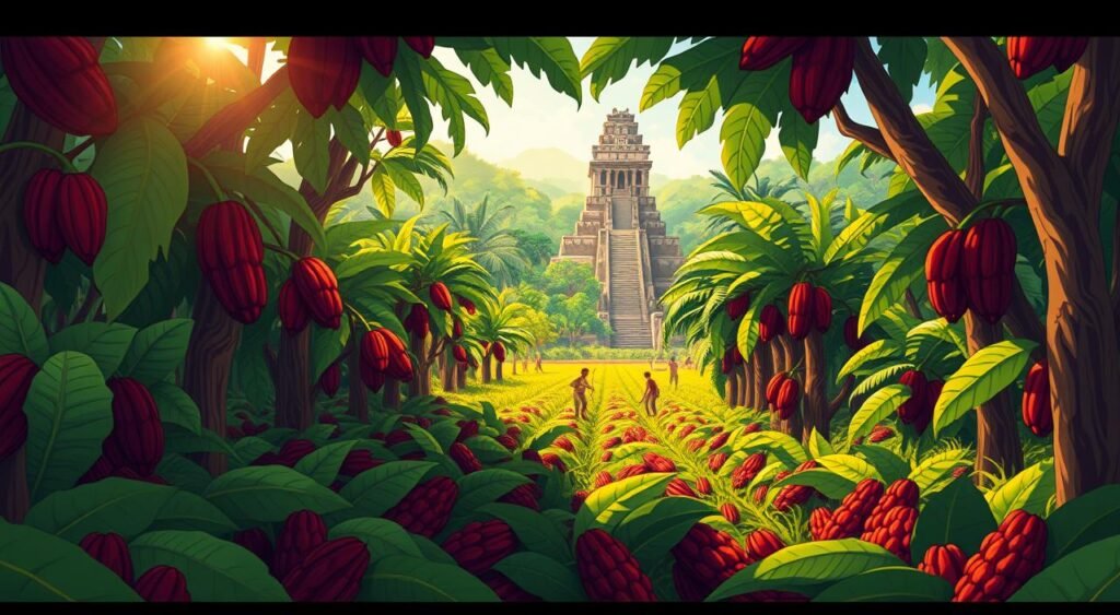 A lush, ancient Mayan cacao plantation, set against a vibrant jungle backdrop. In the foreground, rows of verdant cacao trees, their pods bursting with rich, dark cocoa beans. Sunlight filters through the canopy, casting a warm, golden glow over the scene. In the middle ground, Mayan farmers tend to the crop, harvesting the precious pods with traditional tools. The background reveals a towering, stone Mayan temple, a testament to the cultural significance of this sacred plant. The overall atmosphere is one of reverence and connection to the land, reflecting the Mayan reverence for the cacao plant as a form of currency and sustenance. Curiosidades sobre o cultivo e a produção de cacau pelos maias