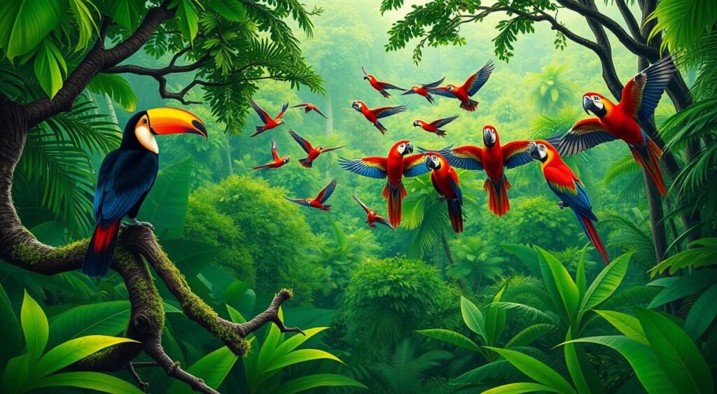 A lush, sprawling rainforest in the heart of the Brazilian Amazon, where a diverse array of vibrant, majestic avian species perch amidst the verdant canopy. In the foreground, a pair of toucans with their iconic, vividly-colored beaks sit atop a twisted, moss-covered branch, surveying the scene. In the middle ground, a flock of macaws in shades of scarlet, azure, and gold take flight, their wings outstretched against the dappled sunlight filtering through the dense foliage. In the background, the towering, emerald treetops recede into the distance, hinting at the boundless biodiversity of this remarkable ecosystem. Você sabia que o Brasil tem mais espécies de aves do que qualquer outro país?