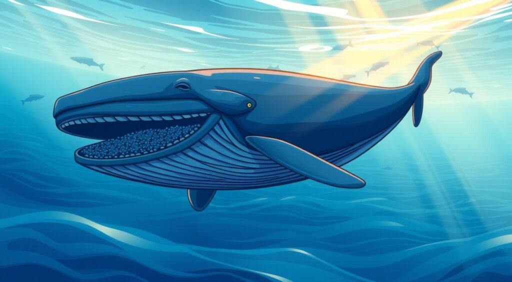 A majestic blue whale gracefully gliding through the vast, azure ocean, its colossal body effortlessly slicing through the gently undulating waves. The creature's powerful jaws open wide, revealing rows of baleen plates as it filters in a dense swarm of krill, its primary food source. Shafts of warm, golden sunlight pierce the water's surface, casting a serene glow over the scene. The whale's sleek, streamlined form is accentuated by the play of light and shadow, creating a breathtaking display of nature's grandeur. In the distance, the faint silhouettes of other whales can be seen, reinforcing the sense of this being a vibrant, thriving ecosystem. A majestic blue whale gracefully gliding through the vast, azure ocean, its colossal body effortlessly slicing through the gently undulating waves. The creature's powerful jaws open wide, revealing rows of baleen plates as it filters in a dense swarm of krill, its primary food source. Shafts of warm, golden sunlight pierce the water's surface, casting a serene glow over the scene. The whale's sleek, streamlined form is accentuated by the play of light and shadow, creating a breathtaking display of nature's grandeur. In the distance, the faint silhouettes of other whales can be seen, reinforcing the sense of this being a vibrant, thriving ecosystem.