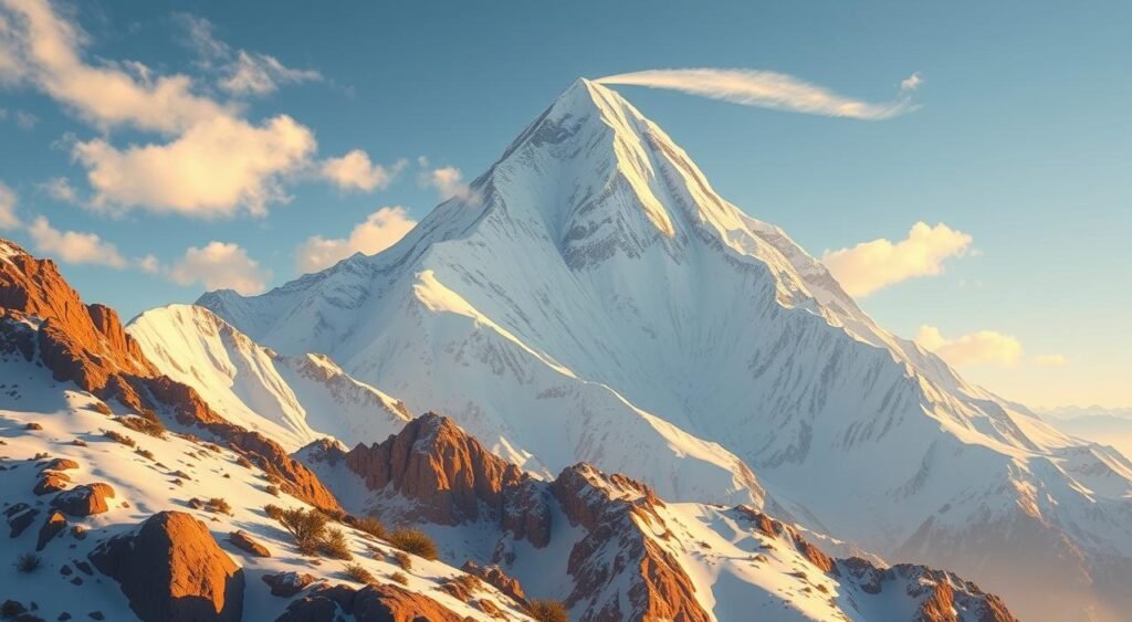 A majestic snow-capped mountain peak reaches towards the heavens, the mighty Mount Everest in all its glory. The scene is bathed in warm, golden light filtering through wispy clouds, casting a serene, awe-inspiring atmosphere. In the foreground, rugged rocky outcroppings and ridges emerge from the pristine white snow, hinting at the ancient geological forces that shaped this towering natural wonder. The middle ground is dotted with sparse, hardy vegetation clinging to the steep slopes, while the distant background fades into a hazy blue sky, the horizon line barely visible. This breathtaking landscape captures the timeless, ever-evolving story of the Roof of the World. Você sabia que o Monte Everest cresce alguns milímetros por ano?
