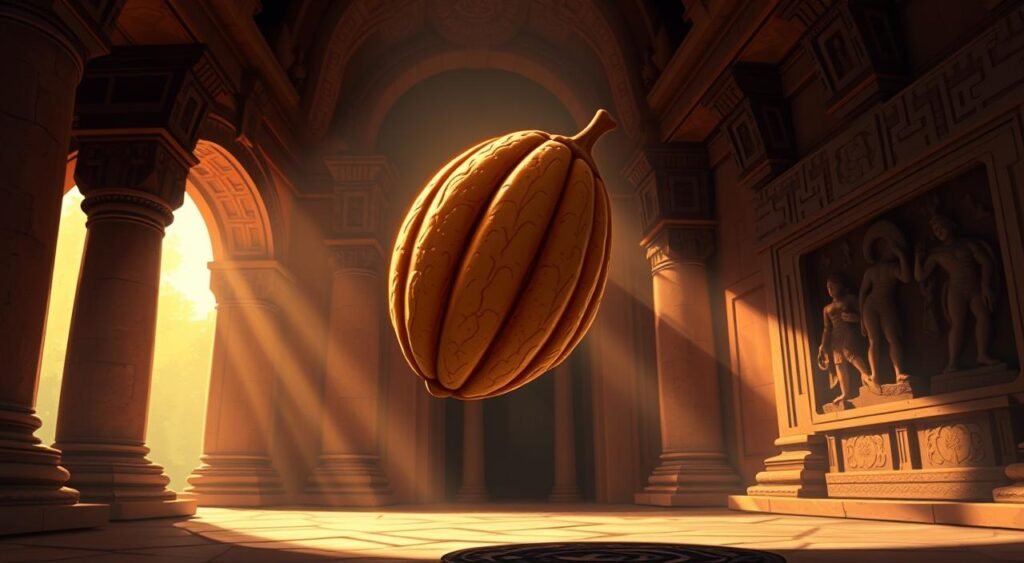 A sacred cacao pod levitates in a dimly lit, mystical Mayan temple. Sunlight filters through ornate stone archways, casting warm, dramatic shadows. The pod's intricate, textured surface shimmers with an otherworldly glow, hinting at its spiritual significance. In the background, carved stone reliefs depict cacao's revered role in Mayan rituals and ceremonies. The scene conveys a sense of reverence and ancient, esoteric knowledge surrounding this hallowed ingredient at the heart of Mayan culture. O papel espiritual do cacau na cultura maia