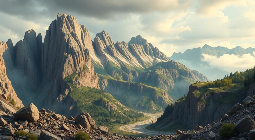 A scenic vista of towering, rugged mountains, their peaks etched against a dramatic sky. The foreground is dominated by a dramatic scene of erosion, with jagged cliffs and canyons carved into the mountainsides by the relentless forces of wind and water. Piles of fallen rock and scree litter the landscape, testament to the gradual wearing down of the ancient geological formations. In the middle ground, lush green forests cling to the slopes, their verdant hues contrasting with the harsh, weathered stone. The background is shrouded in mist, lending an air of mystery and grandeur to the overall scene. Crisp, warm lighting illuminates the textures and details, casting dramatic shadows that accentuate the rugged, timeless beauty of this erosional landscape. O efeito "castelo inflável"