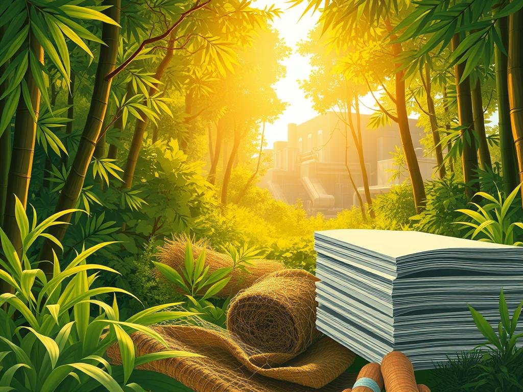A serene forest landscape, bathed in warm, golden sunlight filtering through the canopy of lush, verdant foliage. In the foreground, an array of sustainable raw materials used in paper production, including pulp fibers from bamboo, hemp, and recycled paper. Delicate plant leaves and fibers weave together, hinting at the natural origins and eco-friendly nature of these materials. The middle ground features stacks of neatly folded paper sheets, their texture and color reflecting the organic, sustainable sources. In the background, a glimpse of a modern papermaking facility, its clean lines and machinery suggesting the efficient, environmentally-conscious processes employed. The overall scene conveys a sense of harmony between nature and industry, highlighting the sustainable foundations of the paper-making industry. A serene forest landscape, bathed in warm, golden sunlight filtering through the canopy of lush, verdant foliage. In the foreground, an array of sustainable raw materials used in paper production, including pulp fibers from bamboo, hemp, and recycled paper. Delicate plant leaves and fibers weave together, hinting at the natural origins and eco-friendly nature of these materials. The middle ground features stacks of neatly folded paper sheets, their texture and color reflecting the organic, sustainable sources. In the background, a glimpse of a modern papermaking facility, its clean lines and machinery suggesting the efficient, environmentally-conscious processes employed. The overall scene conveys a sense of harmony between nature and industry, highlighting the sustainable foundations of the paper-making industry.