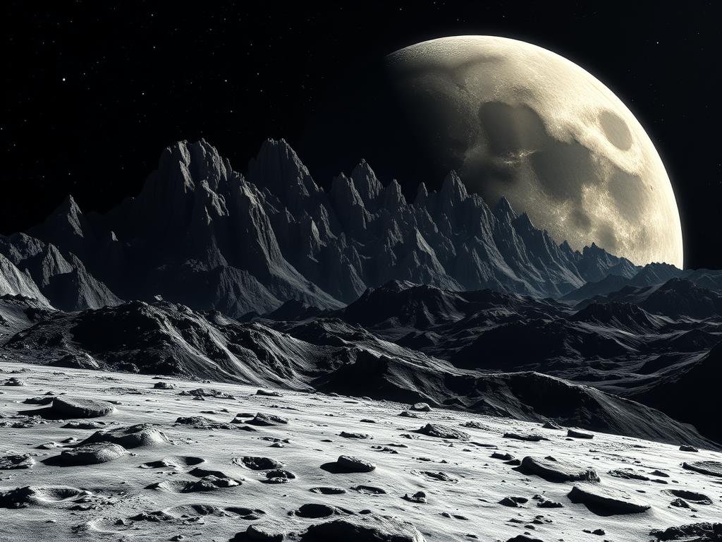 A stunning, ultra-high-resolution close-up view of the lunar surface, capturing its unique topographical features in extraordinary detail. The foreground showcases the intricate, cratered terrain, with the textured, silver-gray lunar regolith glistening under dramatic, raking sidelight. In the middle ground, towering, jagged mountains and deep, shadowed craters create a dramatic, almost alien landscape. The background fades into the deep, inky blackness of the void, dotted with shimmering stars. The overall impression is one of serene, otherworldly beauty, highlighting the Moon's captivating and mysterious nature. A stunning, ultra-high-resolution close-up view of the lunar surface, capturing its unique topographical features in extraordinary detail. The foreground showcases the intricate, cratered terrain, with the textured, silver-gray lunar regolith glistening under dramatic, raking sidelight. In the middle ground, towering, jagged mountains and deep, shadowed craters create a dramatic, almost alien landscape. The background fades into the deep, inky blackness of the void, dotted with shimmering stars. The overall impression is one of serene, otherworldly beauty, highlighting the Moon's captivating and mysterious nature.