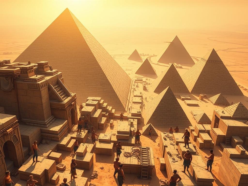 A vast, ancient construction site of the Great Pyramids of Giza, Egypt. In the foreground, diligent workers toil with ropes, pulleys, and levers, moving massive stone blocks into place. Skilled stonemasons chisel intricate details on the pyramid's exterior. The middle ground reveals the immense scale of the project, with multiple pyramids in various stages of completion. The background features a hazy desert landscape, with the Nile River winding in the distance. Warm, golden sunlight filters through the arid air, casting long shadows and imbuing the scene with a sense of timeless grandeur and human ingenuity.