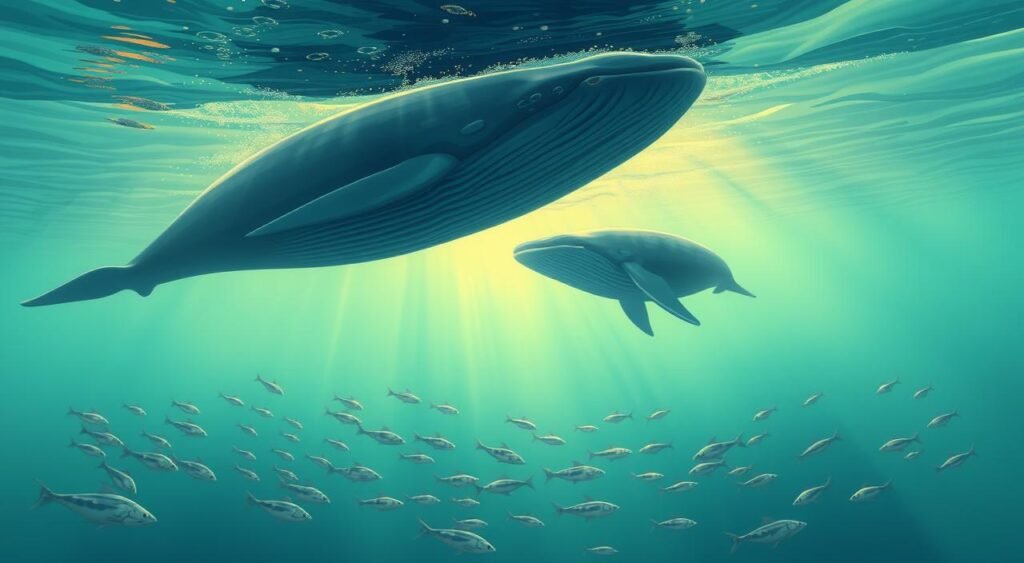 A vast, tranquil ocean scene where two majestic blue whales, their enormous bodies gently swaying, engage in a captivating exchange of deep, resonant vocalizations. Captured in stunning detail, the whales' massive, sleek forms float gracefully, their powerful flukes propelling them through the crystalline waters as they communicate with their booming, low-frequency calls - the most powerful sounds in the animal kingdom. Bathed in warm, golden sunlight filtering through the surface, the whales' cerulean blue hues shimmer, while a school of silvery fish dart through the foreground, adding a sense of vibrant life to the serene, cinematic composition. A vast, tranquil ocean scene where two majestic blue whales, their enormous bodies gently swaying, engage in a captivating exchange of deep, resonant vocalizations. Captured in stunning detail, the whales' massive, sleek forms float gracefully, their powerful flukes propelling them through the crystalline waters as they communicate with their booming, low-frequency calls - the most powerful sounds in the animal kingdom. Bathed in warm, golden sunlight filtering through the surface, the whales' cerulean blue hues shimmer, while a school of silvery fish dart through the foreground, adding a sense of vibrant life to the serene, cinematic composition.
