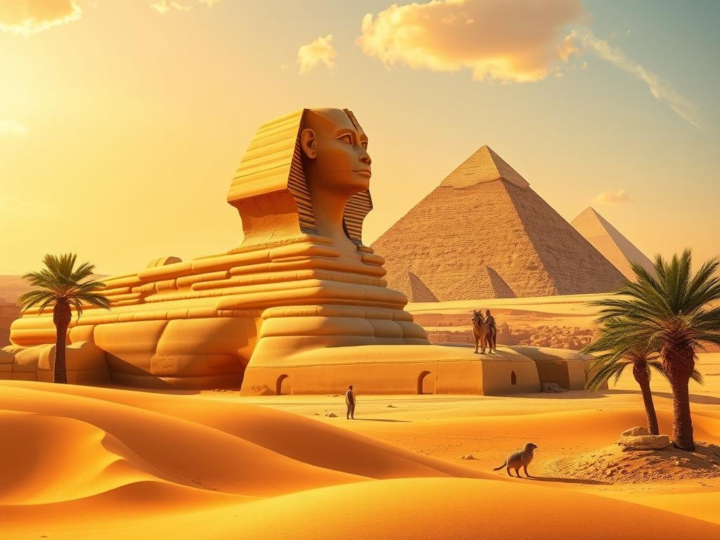 Ancient Egyptian civilization, pyramids and pharaohs in the desert landscape. A wide shot showcasing the Great Sphinx of Giza with the Pyramids of Giza in the background, bathed in warm, golden afternoon sunlight. The sand dunes and palm trees in the foreground create a sense of depth and scale. The scene conveys the grandeur and timelessness of this iconic archaeological site, highlighting its connection to the origins of the calendar system. Ancient Egyptian civilization, pyramids and pharaohs in the desert landscape. A wide shot showcasing the Great Sphinx of Giza with the Pyramids of Giza in the background, bathed in warm, golden afternoon sunlight. The sand dunes and palm trees in the foreground create a sense of depth and scale. The scene conveys the grandeur and timelessness of this iconic archaeological site, highlighting its connection to the origins of the calendar system.