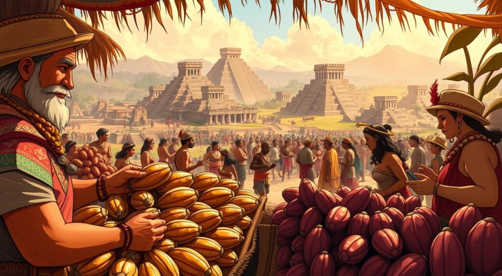 Cacau como moeda: An ancient Mayan marketplace, where cacao beans gleam in the warm sunlight, serving as a medium of exchange. In the foreground, a merchant displays an assortment of cacao pods, their rich brown hues contrasting with the vibrant fabrics and intricate textiles surrounding them. In the middle ground, a crowd of Mayan citizens negotiate trades, their faces etched with concentration as they carefully weigh and examine the precious cacao beans. The background is a panoramic vista of a bustling Mayan city, its towering pyramids and ornate temples standing as a testament to the cultural and economic significance of this ancient commodity. The scene is bathed in a soft, golden glow, evoking a sense of timelessness and the enduring legacy of cacao as a symbol of Mayan prosperity and ingenuity. Você sabia que o chocolate foi usado como moeda pelos maias?