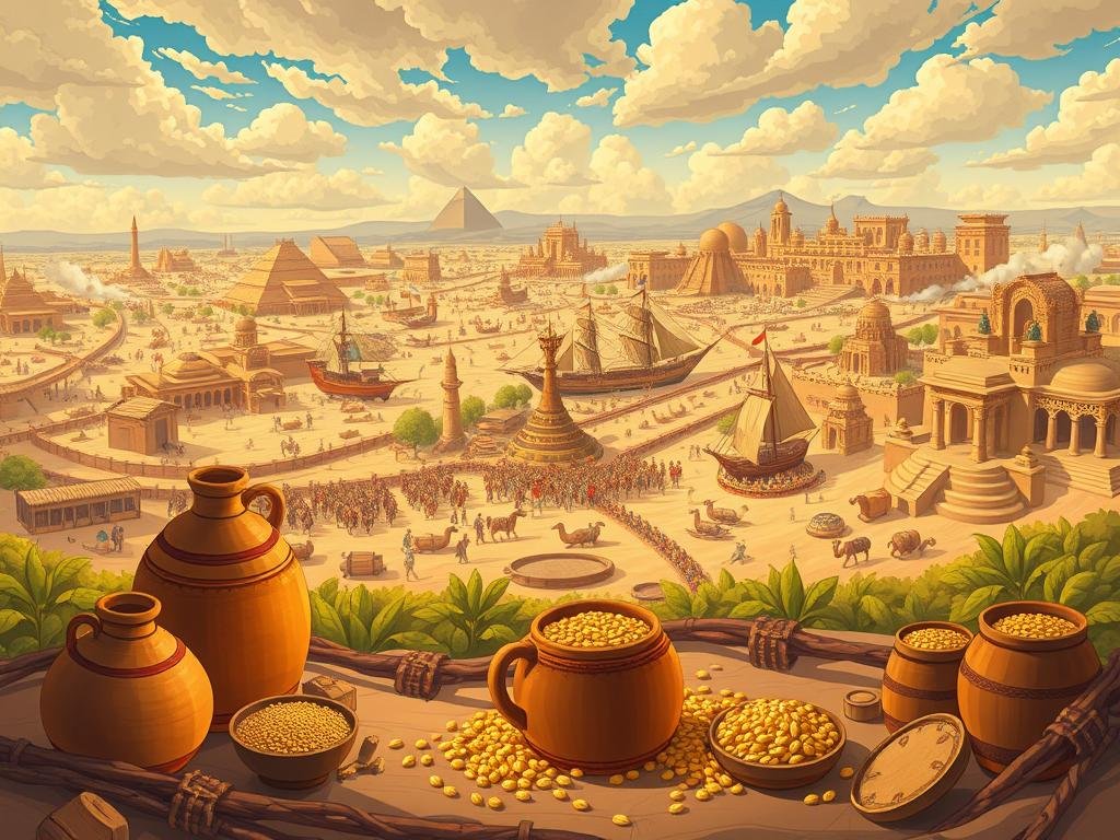 Expansive landscape depicting the cultural and historical spread of beer across civilizations, with ancient brewing equipment and architectural elements from diverse regions. In the foreground, a traditional open-fire brewing setup with earthenware vessels, grains, and hops. In the middle ground, a panoramic view of bustling trade ports, with merchant ships and caravans transporting barrels of ale. In the background, a tapestry of iconic landmarks and settlements from ancient Egyptian, Mesopotamian, Chinese, and European civilizations, showcasing the global reach of this ancient beverage. Warm, golden lighting illuminates the scene, evoking a sense of timeless tradition and shared human experience. Expansive landscape depicting the cultural and historical spread of beer across civilizations, with ancient brewing equipment and architectural elements from diverse regions. In the foreground, a traditional open-fire brewing setup with earthenware vessels, grains, and hops. In the middle ground, a panoramic view of bustling trade ports, with merchant ships and caravans transporting barrels of ale. In the background, a tapestry of iconic landmarks and settlements from ancient Egyptian, Mesopotamian, Chinese, and European civilizations, showcasing the global reach of this ancient beverage. Warm, golden lighting illuminates the scene, evoking a sense of timeless tradition and shared human experience.