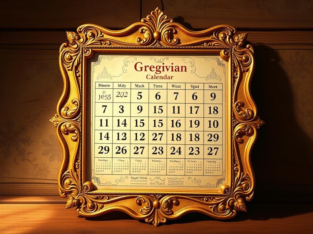 Gregorian calendar in a warm, antique atmosphere. Ornate, gilded frame surrounds the calendar grid, with intricate floral patterns and an aged, textured surface. Soft, directional lighting illuminates the central focal point, casting dramatic shadows. The calendar pages feature elegant calligraphy and subtle, earthy color tones. In the background, a sense of timelessness, with a vintage wood or stone texture providing a solid, grounded foundation. The overall impression is one of history, tradition, and enduring significance. Gregorian calendar in a warm, antique atmosphere. Ornate, gilded frame surrounds the calendar grid, with intricate floral patterns and an aged, textured surface. Soft, directional lighting illuminates the central focal point, casting dramatic shadows. The calendar pages feature elegant calligraphy and subtle, earthy color tones. In the background, a sense of timelessness, with a vintage wood or stone texture providing a solid, grounded foundation. The overall impression is one of history, tradition, and enduring significance.