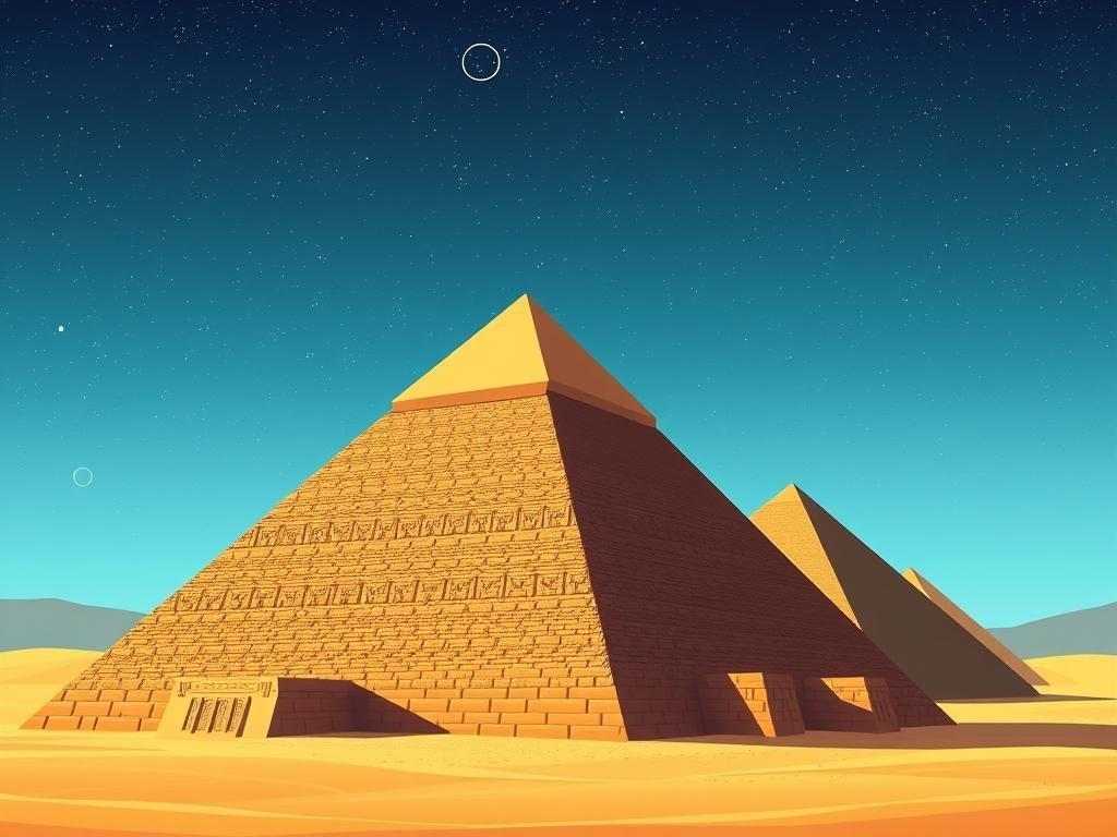 Majestic Egyptian pyramids rise against a clear, starry sky. In the foreground, the Great Pyramid of Giza stands tall, its precise geometric form casting long shadows across the desert landscape. Subtle, warm lighting illuminates the intricate limestone casing, revealing the mathematical perfection of its design. In the middle ground, other ancient structures align with celestial bodies, their orientation meticulously calibrated to celestial movements. The pyramids' otherworldly silhouettes are framed by a vast, minimalist horizon, evoking a sense of timeless wonder and the achievements of ancient Egyptian engineering.