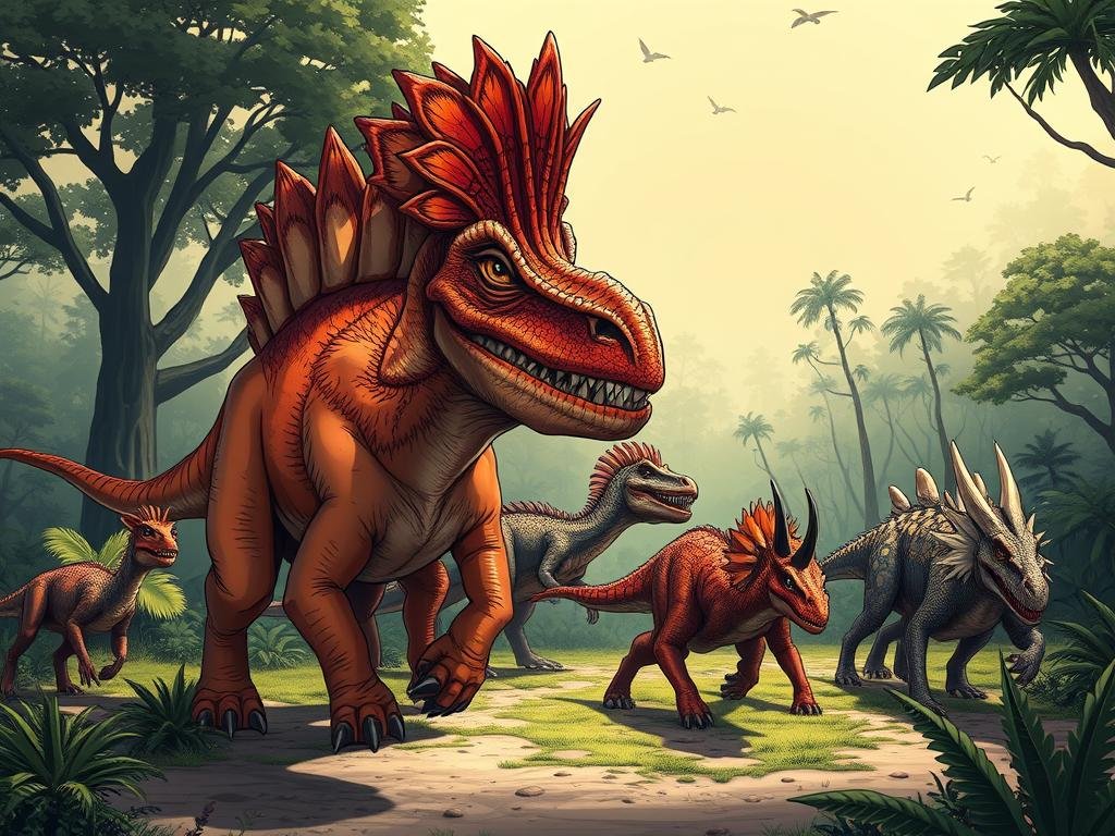 Peculiar dinosaurs roaming a primordial landscape, their unique features accentuated by dramatic lighting. In the foreground, a towering herbivore with a bizarre cranial crest dominates the scene, its vibrant hues and intricate textures drawing the eye. In the middle ground, a pack of smaller carnivores with distinctive horns or armored plates stalks its prey, their predatory movements captured in a sense of motion. The background fades into a lush, ancient forest, hinting at the diverse and extraordinary ecosystem of the Mesozoic era. The overall mood is one of awe and wonder, capturing the essence of these remarkable creatures and their enduring mysteries. Peculiar dinosaurs roaming a primordial landscape, their unique features accentuated by dramatic lighting. In the foreground, a towering herbivore with a bizarre cranial crest dominates the scene, its vibrant hues and intricate textures drawing the eye. In the middle ground, a pack of smaller carnivores with distinctive horns or armored plates stalks its prey, their predatory movements captured in a sense of motion. The background fades into a lush, ancient forest, hinting at the diverse and extraordinary ecosystem of the Mesozoic era. The overall mood is one of awe and wonder, capturing the essence of these remarkable creatures and their enduring mysteries.