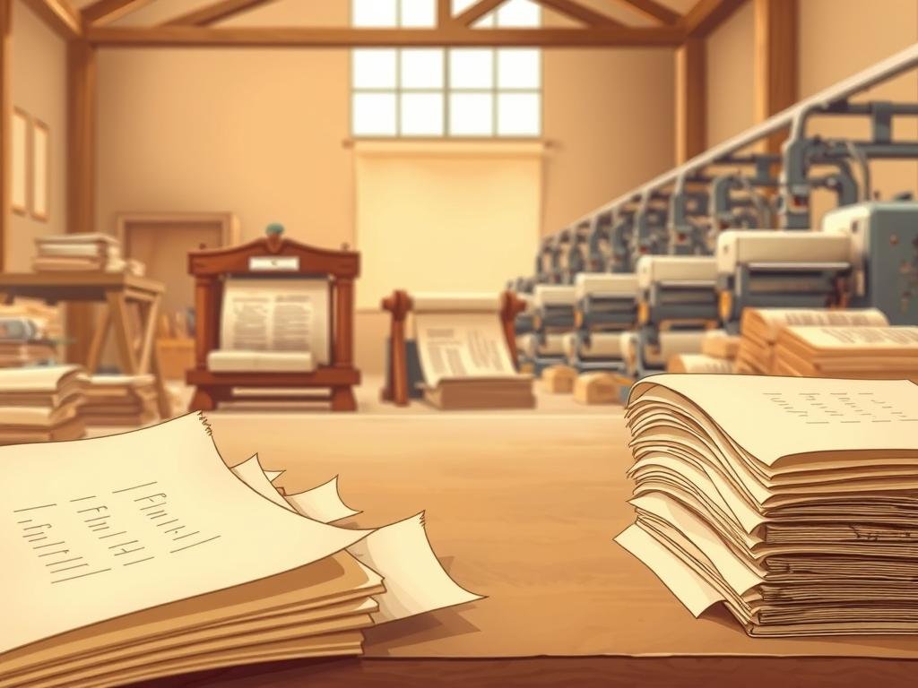The evolution of paper, a testament to human ingenuity. In the foreground, delicate sheets of papyrus give way to the advent of parchment, its supple texture a canvas for ancient scrolls. In the middle ground, the invention of the Gutenberg press ushers in the age of printed books, the pages crisp and uniform. In the background, modern papermaking machines churn out endless reams, their metallic forms a stark contrast to the organic origins of this ubiquitous material. Warm, diffused lighting casts a nostalgic glow, while a shallow depth of field draws the viewer's eye to the subtle transformations that have shaped the world of paper over the centuries. Como Surgiu o Papel?