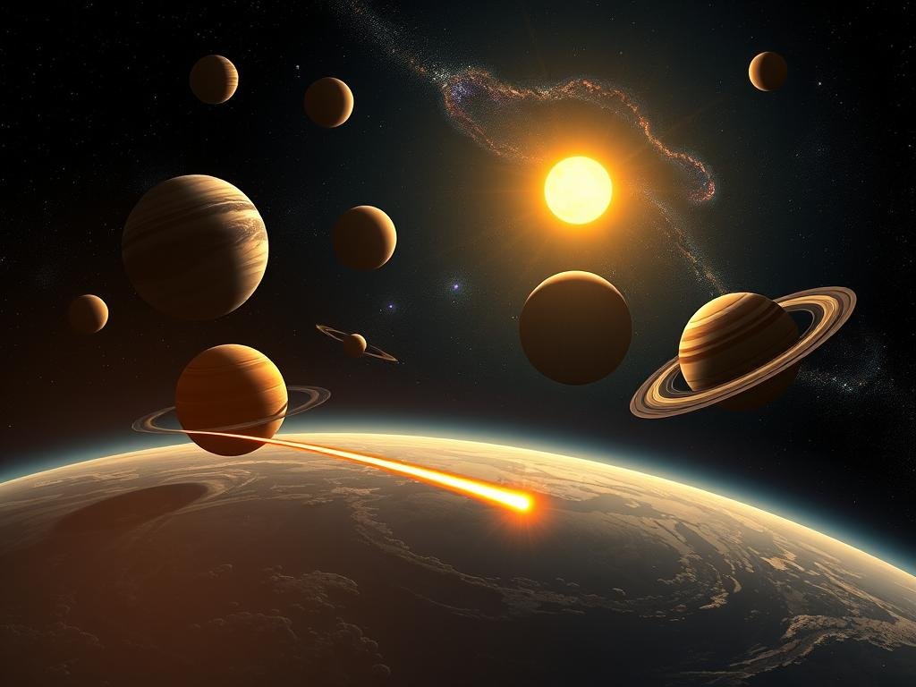 A breathtaking vista of the solar system, captured with a wide-angle lens and vivid, lifelike detail. The planets float in the inky blackness of space, illuminated by a soft, ambient glow that casts gentle shadows across their surfaces. The sun, a brilliant orb of golden light, radiates outward, its warmth and energy pulsing through the celestial dance. In the foreground, a lone comet streaks across the frame, its icy tail unfurling in a mesmerizing display. The middle ground is dominated by the majestic, orbiting planets, each with its own unique character and personality. In the distance, galaxies and nebulae swirl, their colors and patterns a testament to the boundless wonder of the cosmos. The overall mood is one of awe, discovery, and the endless possibilities that await those who dare to explore the vast, mysterious expanse of the solar system. Uma vista deslumbrante do sistema solar, capturada com uma lente grande angular e detalhes vívidos e realistas. Os planetas flutuam na escuridão do espaço, iluminados por um brilho suave e ambiente que projeta sombras suaves em suas superfícies. O sol, um orbe brilhante de luz dourada, irradia para fora, seu calor e energia pulsando através da dança celestial. Em primeiro plano, um cometa solitário cruza o quadro, sua cauda gelada se desenrolando em uma exibição hipnotizante. O meio termo é dominado pelos majestosos planetas em órbita, cada um com seu próprio caráter e personalidade únicos. Ao longe, galáxias e nebulosas giram, suas cores e padrões um testemunho da maravilha ilimitada do cosmos. O clima geral é de admiração, descoberta e as infinitas possibilidades que aguardam aqueles que ousam explorar a vasta e misteriosa extensão do sistema solar.
