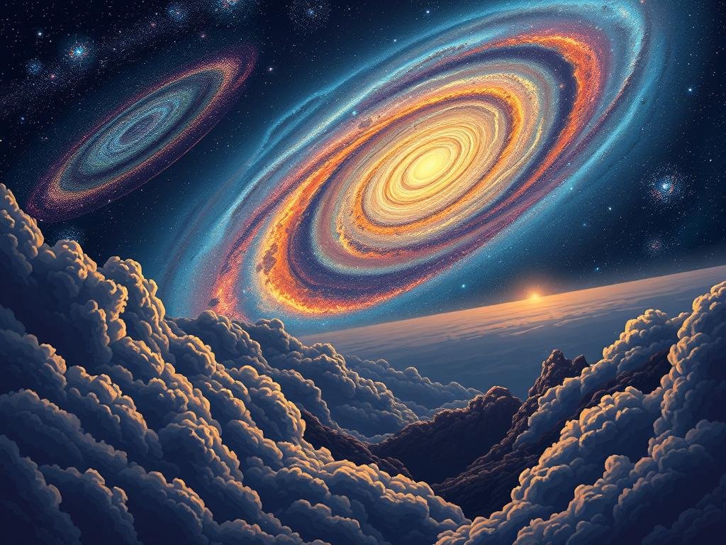A captivating celestial landscape depicting the myths and science of the Milky Way galaxy. In the foreground, majestic cosmic clouds swirl with vibrant nebulae, hinting at the birth of new stars. The middle ground features a stunning, swirling galactic core, its brilliant light illuminating the surrounding celestial bodies. In the distant background, a vast tapestry of distant galaxies stretches into the infinite depths of the universe. The scene is bathed in a warm, golden glow, creating an atmosphere of wonder and mystery. High-contrast lighting and a cinematic camera angle heighten the sense of drama and awe. This image captures the timeless interplay between the legends of old and the cutting-edge discoveries of modern astrophysics. Via Láctea: 10 Fatos Incríveis Sobre Nossa Galáxia