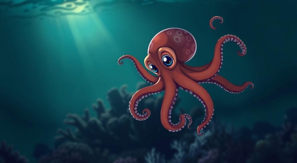 A captivating octopus floating effortlessly in a dimly lit underwater scene, its tentacles swaying gracefully, its eyes conveying a sense of profound intelligence. The creature's skin displays a mesmerizing array of shifting colors and patterns, hinting at its remarkable cognitive abilities. The middle ground features a mysterious, partially obscured coral reef, adding depth and intrigue to the composition. In the background, a faint shaft of sunlight pierces the waters, creating a sense of ethereal beauty and the octopus's connection to the natural world. Crisp, high-resolution details capture the octopus's intricate anatomy and the subtle textures of its environment, inviting the viewer to marvel at the wonders of this remarkable marine animal. Um polvo cativante flutuando sem esforço em uma cena subaquática fracamente iluminada, seus tentáculos balançando graciosamente, seus olhos transmitindo uma sensação de profunda inteligência. A pele da criatura exibe uma hipnotizante variedade de cores e padrões em mudança, insinuando suas notáveis habilidades cognitivas. O meio da imagem apresenta um recife de coral misterioso, parcialmente obscurecido, adicionando profundidade e intriga à composição. Ao fundo, um tênue raio de luz solar penetra as águas, criando uma sensação de beleza etérea e a conexão do polvo com o mundo natural. Detalhes nítidos e em alta resolução capturam a anatomia intrincada do polvo e as sutis texturas de seu ambiente, convidando o espectador a maravilhar-se com as maravilhas deste notável animal marinho.
