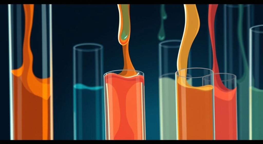 A close-up view of shark hormones flowing through transparent glass vials against a dark, moody backdrop. The vials are illuminated from the side, casting dramatic shadows and highlighting the viscous, vibrant liquids inside. The scene conveys a sense of scientific investigation and the mysteries of shark biology. The lighting is a combination of warm and cool tones, creating depth and atmosphere. The camera angle is slightly elevated, adding a sense of clinical observation. The overall mood is one of scientific curiosity and the desire to unravel the physiological wonders of these marine predators. Uma visão de perto dos hormônios de tubarão fluindo através de frascos de vidro transparente contra um fundo escuro e sombrio. Os frascos são iluminados lateralmente, projetando sombras dramáticas e destacando os líquidos viscosos e vibrantes dentro deles. A cena transmite uma sensação de investigação científica e os mistérios da biologia dos tubarões. A iluminação é uma combinação de tons quentes e frios, criando profundidade e atmosfera. O ângulo da câmera é ligeiramente elevado, adicionando uma sensação de observação clínica. O clima geral é de curiosidade científica e o desejo de desvendar as maravilhas fisiológicas desses predadores marinhos.