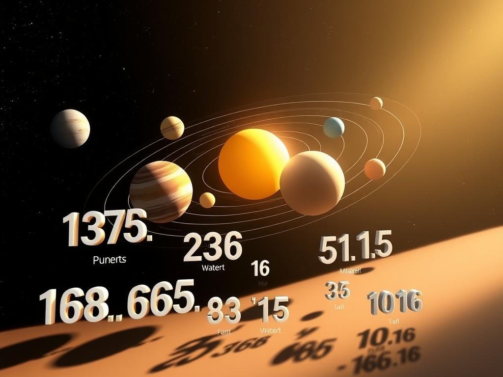 A detailed 3D illustration of the components and numerical data of the solar system. Dramatic lighting casts long shadows from the planets and moons, creating a sense of depth and scale. The sun shines brightly at the center, surrounded by the orbits of the eight major planets, each with their unique sizes, colors and positions. Floating in the foreground are various numerical statistics and figures, presented in a sleek and modern data visualization style, complementing the scientific nature of the scene. The background is a deep, starry void, emphasizing the vastness and mystery of the cosmos. A clean, minimalist aesthetic unifies the entire composition, reflecting the precise, factual content of the "Numbers and Characteristics of the Solar System" section. Uma ilustração 3D detalhada dos componentes e dados numéricos do sistema solar. Uma iluminação dramática projeta longas sombras dos planetas e luas, criando uma sensação de profundidade e escala. O sol brilha intensamente no centro, cercado pelas órbitas dos oito planetas principais, cada um com seus tamanhos, cores e posições únicos. Flutuando em primeiro plano, diversas estatísticas e figuras numéricas, apresentadas em um estilo de visualização de dados elegante e moderno, complementam a natureza científica da cena. O fundo é um vazio profundo e estrelado, enfatizando a vastidão e o mistério do cosmos. Uma estética limpa e minimalista unifica toda a composição, refletindo o conteúdo preciso e factual da seção "Números e Características do Sistema Solar".