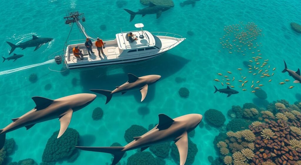A detailed aerial view of a team of marine biologists monitoring tiger sharks in their natural habitat. In the foreground, sleek shark silhouettes glide through the crystal-clear turquoise waters, their powerful movements captured by high-resolution underwater cameras. In the middle ground, a research vessel equipped with state-of-the-art tracking and monitoring equipment hovers above the scene, its crew carefully documenting the sharks' behaviors and movements. The background features a stunning seascape, with lush coral reefs and schools of vibrant tropical fish framing the serene ocean vista. The lighting is soft and natural, creating a sense of calm and scientific exploration. The entire scene conveys the wonder and importance of studying these magnificent apex predators in their unspoiled, marine environment. Uma visão aérea detalhada de uma equipe de biólogos marinhos monitorando tubarões-tigre em seu habitat natural. Em primeiro plano, silhuetas elegantes de tubarões deslizam através das águas turquesa cristalinas, seus movimentos poderosos capturados por câmeras subaquáticas de alta resolução. No plano intermediário, um navio de pesquisa equipado com equipamentos de rastreamento e monitoramento de última geração paira acima da cena, sua equipe documentando cuidadosamente os comportamentos e movimentos dos tubarões. O fundo apresenta uma paisagem marítima deslumbrante, com recifes de coral exuberantes e cardumes de peixes tropicais vibrantes emoldurando a serena vista do oceano. A iluminação é suave e natural, criando uma sensação de calma e exploração científica. Toda a cena transmite a maravilha e a importância de estudar esses magníficos predadores de topo em seu ambiente marinho intocado.
