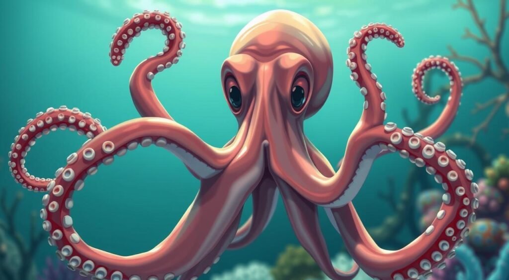A detailed anatomical illustration of an octopus, showcasing its intricate and captivating structure. The foreground features the octopus's elongated tentacles, each with a multitude of suction cups, delicately rendered in high definition. The middle ground highlights the octopus's bulbous head, with its large, expressive eyes and protruding beak-like mouth, capturing the creature's intelligence and curiosity. The background subtly blends shades of blue and green, evoking the octopus's natural underwater habitat, with hints of coral and seaweed adding depth and realism. The lighting is soft and diffused, creating a sense of scientific study and exploration, while the angle of the shot emphasizes the octopus's unique and mesmerizing form. A detailed anatomical illustration of an octopus, showcasing its intricate and captivating structure. The foreground features the octopus's elongated tentacles, each with a multitude of suction cups, delicately rendered in high definition. The middle ground highlights the octopus's bulbous head, with its large, expressive eyes and protruding beak-like mouth, capturing the creature's intelligence and curiosity. The background subtly blends shades of blue and green, evoking the octopus's natural underwater habitat, with hints of coral and seaweed adding depth and realism. The lighting is soft and diffused, creating a sense of scientific study and exploration, while the angle of the shot emphasizes the octopus's unique and mesmerizing form.