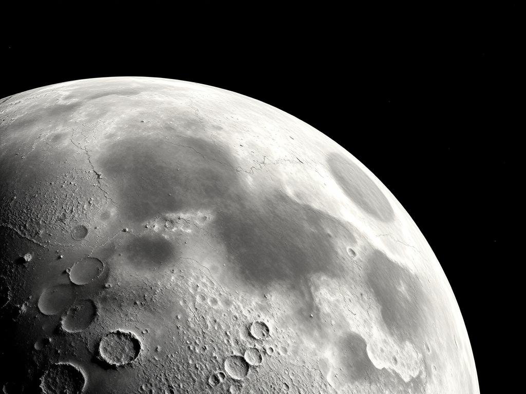 A detailed, high-resolution close-up view of the lunar surface, capturing the unique textures and features of the moon. The foreground showcases the intricate craters, ridges, and mottled terrain, with a sharp focus and clarity that reveals the complex geological formations. The middle ground shows a wider perspective of the moon's curvature, with subtle highlights and shadows accentuating the depth and dimensionality. The background is a vast, inky blackness of space, dotted with distant stars that provide a sense of scale and the moon's isolation. The lighting is natural and directional, casting dramatic shadows and highlights that enhance the three-dimensional quality of the lunar surface. The overall mood is one of awe and wonder, inviting the viewer to explore the captivating details of Earth's celestial companion. 7 Curiosidades Surpreendentes Sobre a Lua