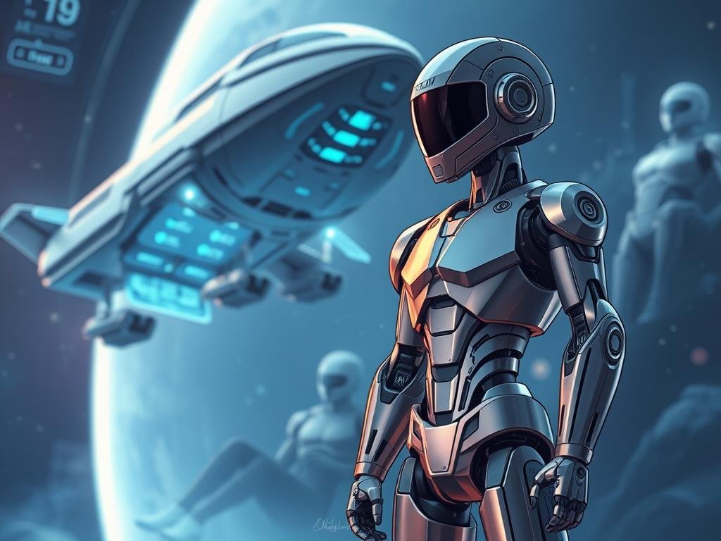A detailed technical illustration of cutting-edge space technology and robotics, capturing the spirit of innovation and exploration. A sleek futuristic spacecraft with advanced propulsion systems, drifting in the ethereal void of space, surrounded by holographic displays and robotic appendages. In the foreground, a sophisticated humanoid robot stands poised, its gleaming metallic frame imbued with a sense of intelligent purpose. The scene is bathed in a cool, ambient glow, conveying the precise, deliberate nature of these technological marvels. The depth of field and subtle lighting create a sense of depth and dimensionality, inviting the viewer to marvel at the wonders of space-age innovation. Uma ilustração técnica detalhada de tecnologia espacial e robótica de ponta, capturando o espírito de inovação e exploração. Uma elegante nave espacial futurista com sistemas de propulsão avançados, flutuando no vazio etéreo do espaço, cercada por displays holográficos e apêndices robóticos. Em primeiro plano, um sofisticado robô humanoide se posiciona, sua estrutura metálica reluzente imbuída de um senso de propósito inteligente. A cena é banhada por um brilho ambiente frio, transmitindo a natureza precisa e deliberada dessas maravilhas tecnológicas. A profundidade de campo e a iluminação sutil criam uma sensação de profundidade e dimensionalidade, convidando o espectador a se maravilhar com as maravilhas da inovação da era espacial.