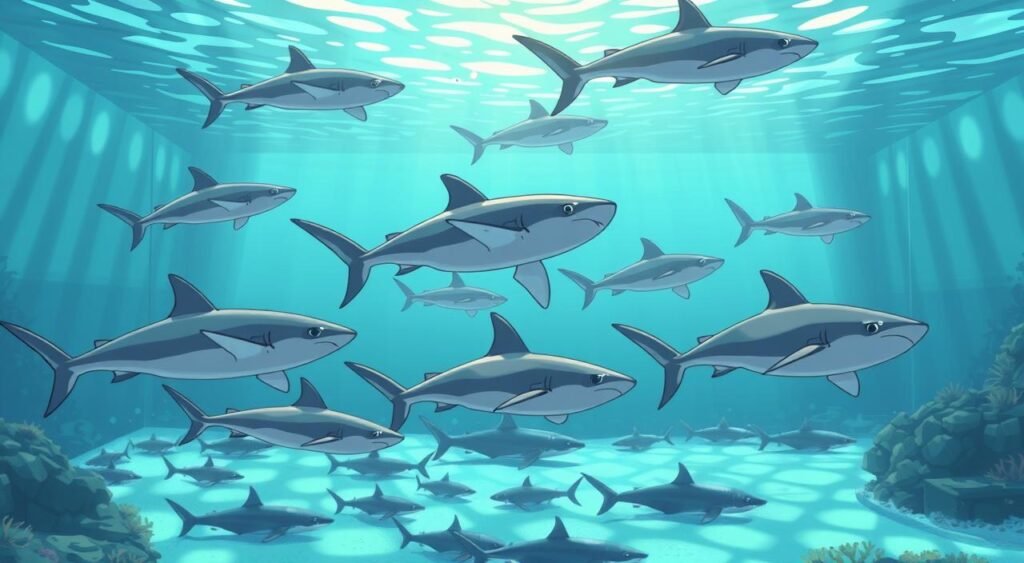 A large, well-lit underwater tank with crystal-clear water. In the foreground, a group of graceful sharks glide effortlessly, their sleek bodies and sharp fins cutting through the current. The middle ground reveals sharks of various sizes and species, some interacting with each other, others resting on the tank floor. In the background, the tank's walls provide a glimpse of the outside world, with hints of coral and other marine life visible. The lighting is soft and natural, creating a serene, almost mesmerizing atmosphere. The overall scene conveys the captivating nature of shark reproduction in a controlled, scientific environment. Mistérios dos Tubarões