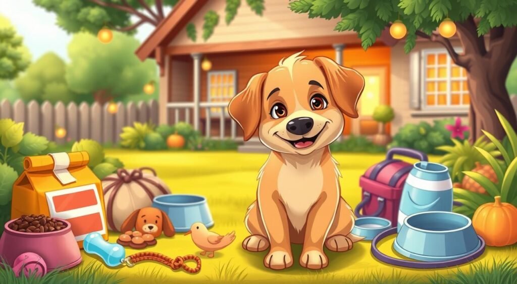 A lush outdoor scene featuring a happy, healthy dog with a shiny coat and bright eyes, surrounded by various pet care items like dog food, toys, a water bowl, and a leash. The dog is framed against a backdrop of a cozy, inviting home with a well-kept yard and lush greenery. Soft, warm lighting illuminates the scene, creating a sense of comfort and security. The overall mood is one of care, contentment, and the special bond between a dog and its owner. Uma exuberante cena ao ar livre com um cão feliz e saudável, com pelagem e olhos brilhantes, cercado por diversos itens de cuidado, como ração, brinquedos, uma tigela de água e uma guia. O cão está emoldurado por uma casa aconchegante e convidativa, com um quintal bem cuidado e vegetação exuberante. Uma iluminação suave e aconchegante ilumina o cenário, criando uma sensação de conforto e segurança. O clima geral é de cuidado, contentamento e o vínculo especial entre um cão e seu dono.