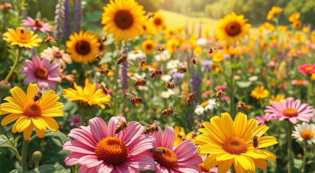 A lush, sun-dappled garden scene with a swarm of busy honeybees gracefully pollinating a variety of vibrant, blooming flowers. The foreground features a cluster of delicate petals in shades of pink, yellow, and lavender, their centers alive with the fluttering of fuzzy, golden-striped bees. In the middle ground, a sprawling array of diverse flora - from tall, stately sunflowers to delicate wildflowers - create a visually captivating tapestry. The background is softly blurred, hinting at a verdant landscape bathed in warm, golden light, conveying a sense of harmony and the essential role these industrious insects play in the natural world. A lush, sun-dappled garden scene with a swarm of busy honeybees gracefully pollinating a variety of vibrant, blooming flowers. The foreground features a cluster of delicate petals in shades of pink, yellow, and lavender, their centers alive with the fluttering of fuzzy, golden-striped bees. In the middle ground, a sprawling array of diverse flora - from tall, stately sunflowers to delicate wildflowers - create a visually captivating tapestry. The background is softly blurred, hinting at a verdant landscape bathed in warm, golden light, conveying a sense of harmony and the essential role these industrious insects play in the natural world.