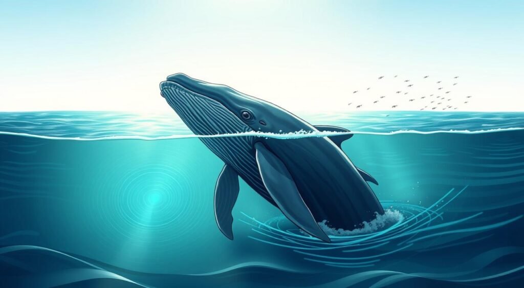 A majestic humpback whale breaching the tranquil ocean surface, its massive body glimmering in the soft, diffused sunlight. In the foreground, intricate patterns of sound waves radiate outward, visualizing the whale's advanced echolocation abilities. The mid-ground captures the whale's head as it rotates, its massive eye scanning the depths for prey. In the background, a school of small fish dart through the shimmering blue-green waters, creating a sense of the whale's vast, underwater domain. The scene evokes a sense of wonder and awe at the whales' remarkable sensory adaptations, perfectly aligning with the "Sentidos Aguçados e Ecolocalização" section of the article. Uma majestosa baleia jubarte rompendo a tranquila superfície do oceano, seu corpo enorme brilhando sob a suave e difusa luz solar. Em primeiro plano, padrões intrincados de ondas sonoras irradiam para fora, visualizando as avançadas habilidades de ecolocalização da baleia. O plano médio captura a cabeça da baleia enquanto ela gira, seu enorme olho vasculhando as profundezas em busca de presas. Ao fundo, um cardume de pequenos peixes nada pelas águas azul-esverdeadas cintilantes, criando uma sensação do vasto domínio subaquático da baleia. A cena evoca uma sensação de admiração e admiração pelas notáveis adaptações sensoriais das baleias, em perfeita sintonia com a seção "Sentidos Aguçados e Ecolocalização" do artigo.
