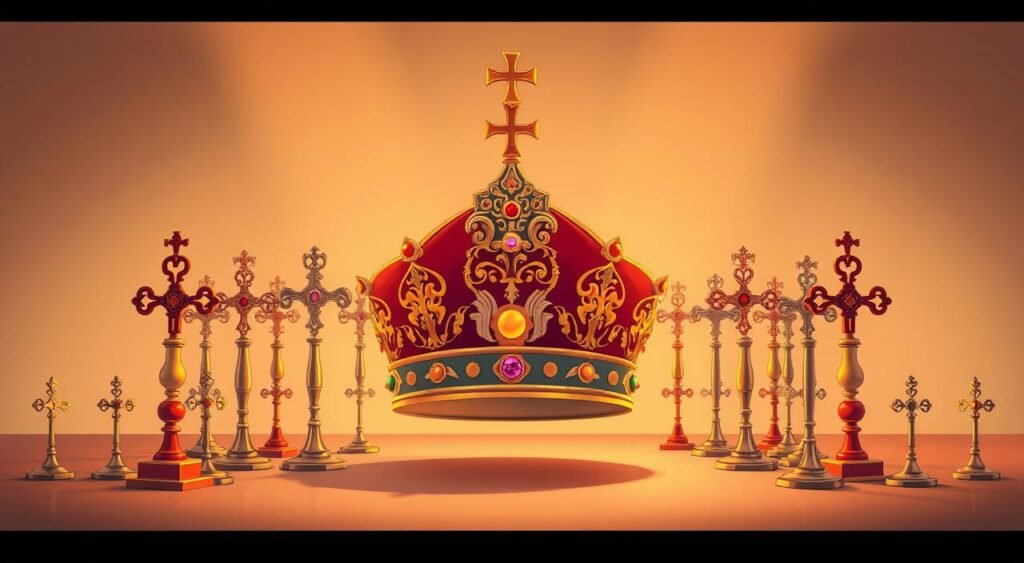 A majestic papal tiara adorns the center of the frame, its intricate layers and ornate details shimmering under warm, directional lighting. Surrounding it, a procession of papal symbols and regalia - keys, crosses, and ornate scepters - arranged in a symmetrical, museum-like display. The background is a neutral, soft-focus space, allowing the papal artifacts to take center stage and command attention. The overall mood is one of reverence, tradition, and the enduring legacy of the papal institution. A majestic papal tiara adorns the center of the frame, its intricate layers and ornate details shimmering under warm, directional lighting. Surrounding it, a procession of papal symbols and regalia - keys, crosses, and ornate scepters - arranged in a symmetrical, museum-like display. The background is a neutral, soft-focus space, allowing the papal artifacts to take center stage and command attention. The overall mood is one of reverence, tradition, and the enduring legacy of the papal institution.