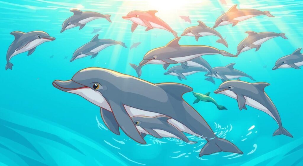 A pod of graceful, playful bottlenose dolphins effortlessly swimming in their natural habitat, the cerulean waters of a tranquil bay. In the foreground, a mother dolphin tenderly nurtures her calf, their bond palpable. The middle ground showcases the intricate social dynamics of the group, with dolphins interacting and communicating through a series of clicks, whistles, and body language. In the background, the sun's golden rays filter through the crystalline surface, casting a warm, ethereal glow over the scene, evoking a sense of harmony and belonging. The composition captures the intelligence, familial ties, and communal nature of these magnificent marine mammals. Um grupo de golfinhos-nariz-de-garrafa, graciosos e brincalhões, nadando sem esforço em seu habitat natural: as águas azuis de uma baía tranquila. Em primeiro plano, uma mãe golfinho cuida carinhosamente de seu filhote, e o vínculo entre eles é palpável. O plano central destaca a intrincada dinâmica social do grupo, com os golfinhos interagindo e se comunicando por meio de uma série de cliques, assobios e linguagem corporal. Ao fundo, os raios dourados do sol filtram-se pela superfície cristalina, lançando um brilho cálido e etéreo sobre a cena, evocando uma sensação de harmonia e pertencimento. A composição captura a inteligência, os laços familiares e a natureza comunitária desses magníficos mamíferos marinhos.